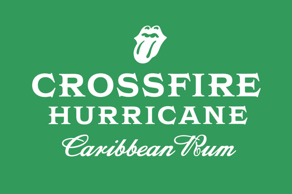 Crossfire Hurricane Caribbean Rum logo in white on a green background.